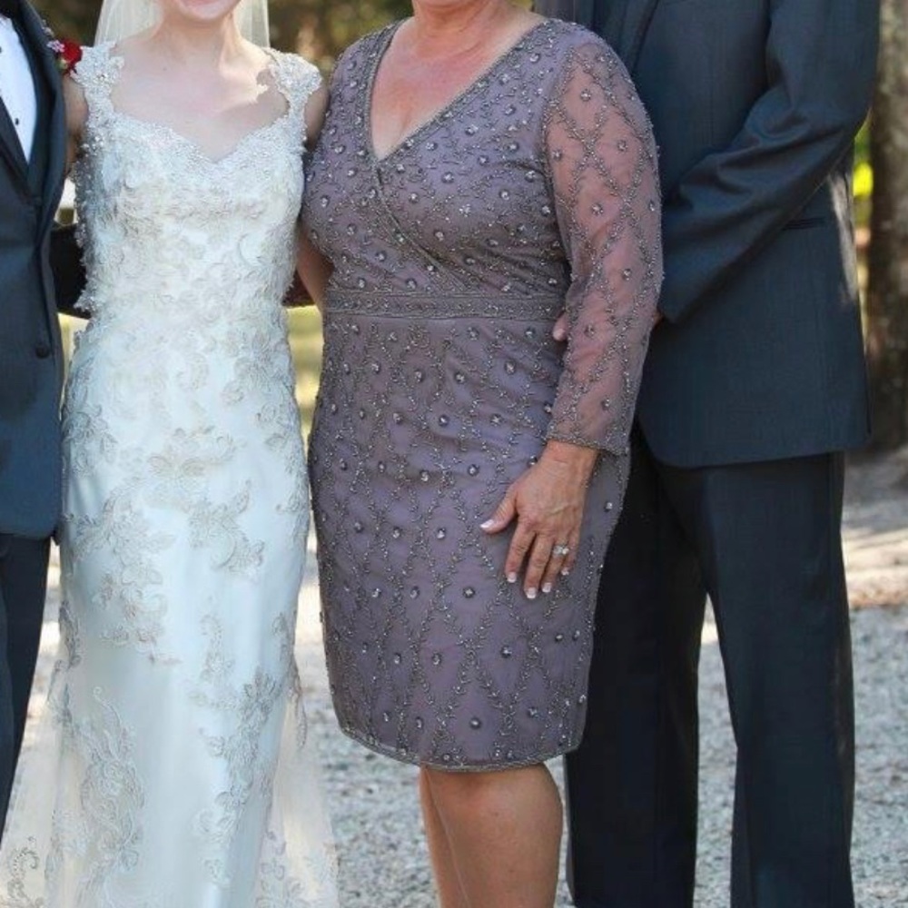 Adrianna Papell Beaded  Gray/Slate/Taupe knee length dress. No alterations.